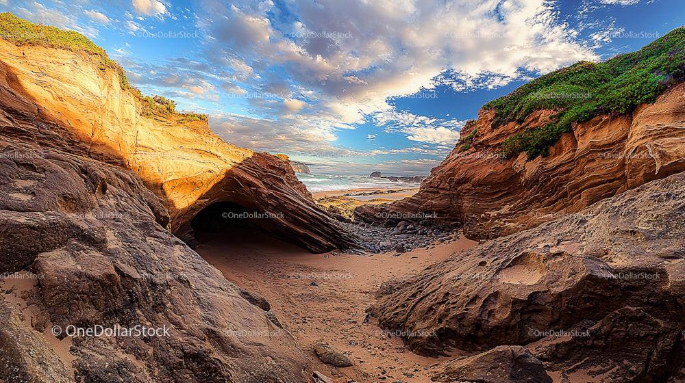 Scenic Coastal Cliffs with Vibrant Sky and Sea Cave