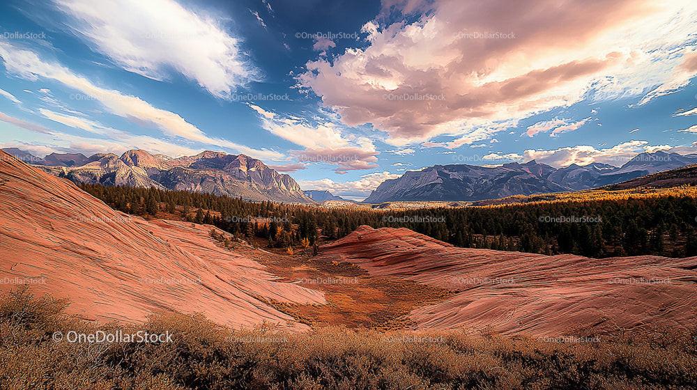 Majestic Mountain Range with Red Rock Formations under Dramatic Sky