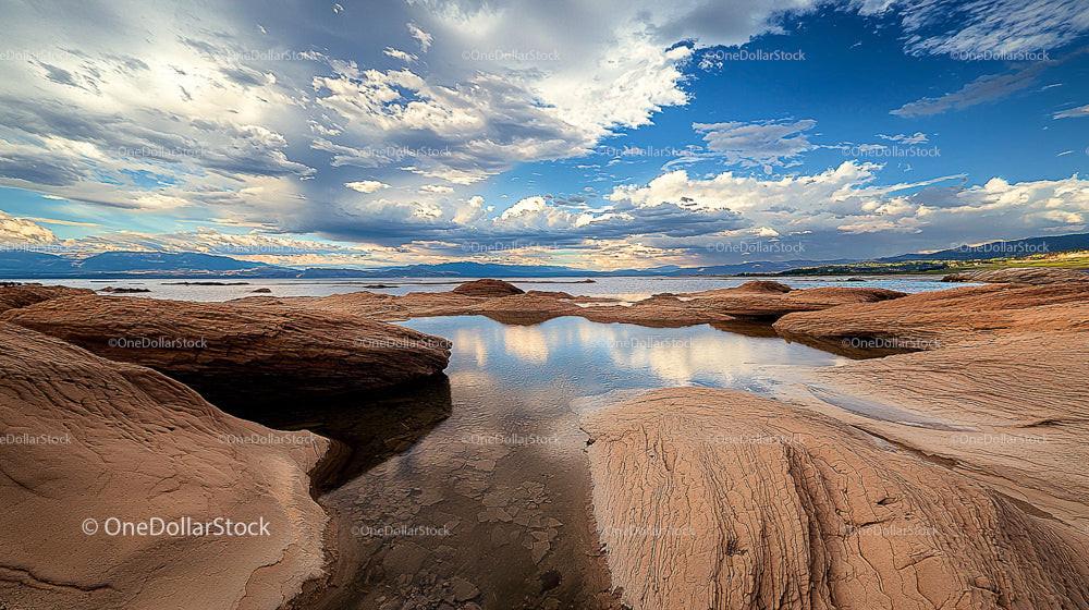 Dramatic Sky Over Rocky Shoreline with Reflective Water