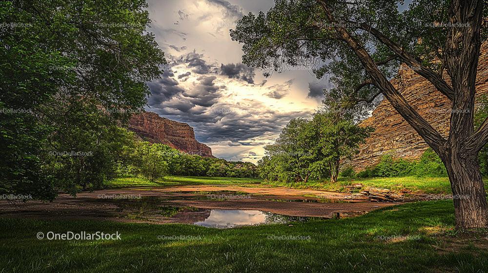 Dramatic Canyon and Lush Greenery Under a Cloudy Sky