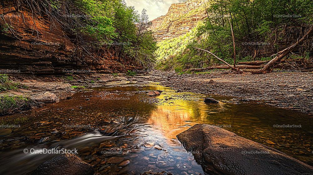 Sunlit Canyon Stream Reflecting the Rocky Cliffs