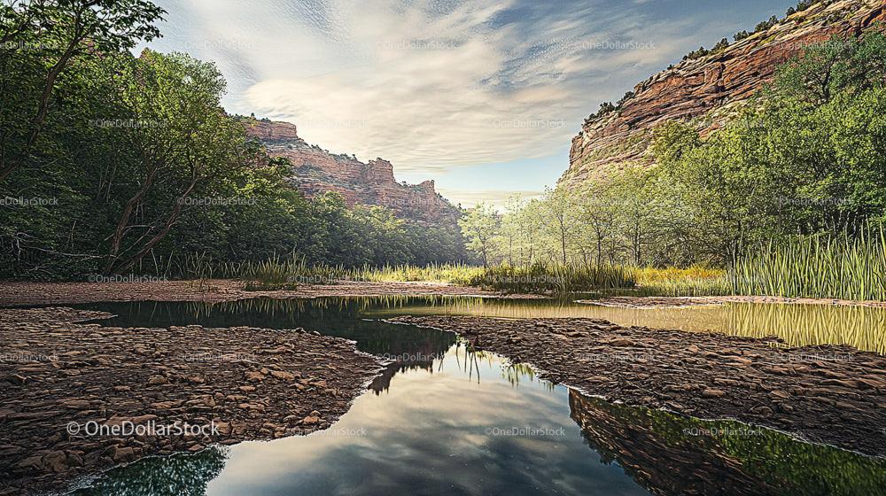 Tranquil Canyon Scene with Reflective Water and Lush Greenery
