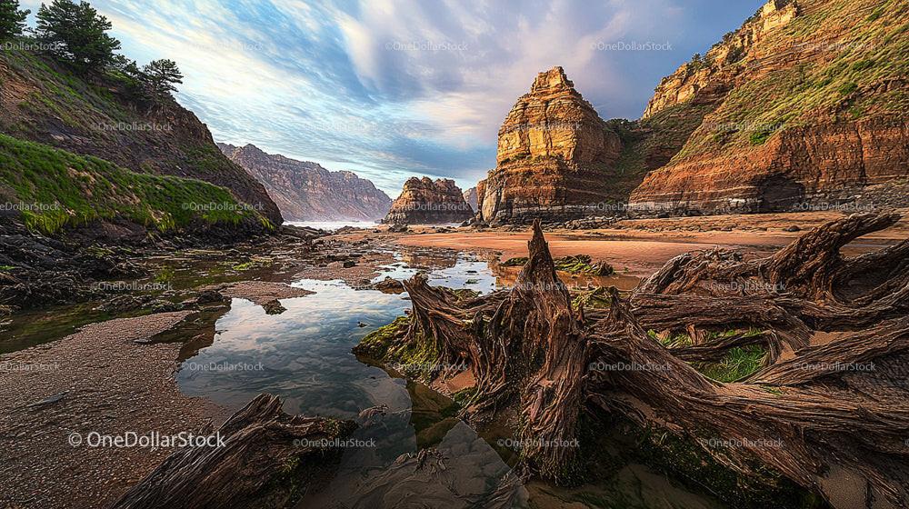 Dramatic Coastal Cliffs with Driftwood and Reflections