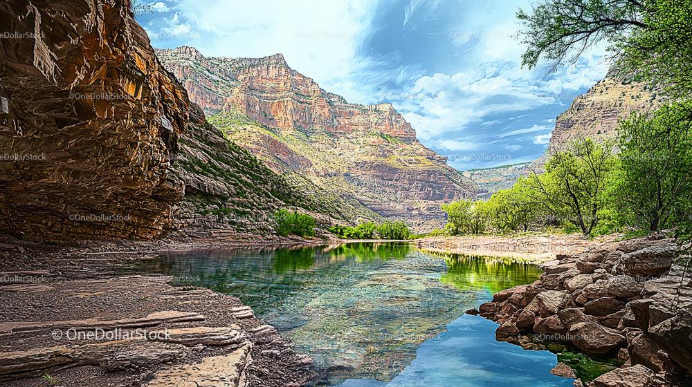 Serene Canyon with Rocky Cliffs and Tranquil River