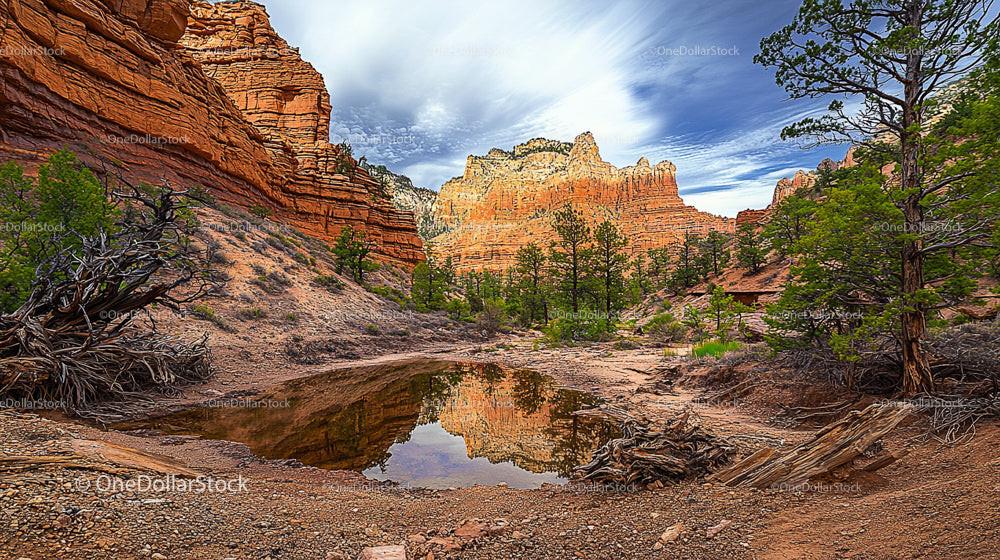 Dramatic Red Rock Canyon with Reflection Pool and Pines