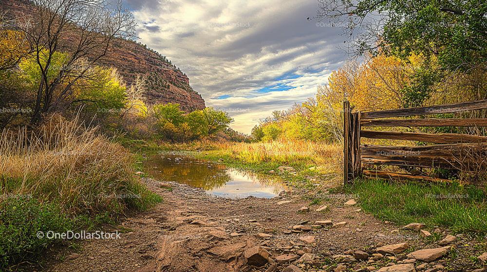 Scenic Autumn Landscape with Rustic Fence and Reflective Pond