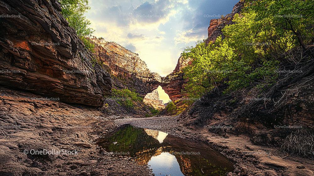 Scenic Canyon with Natural Rock Arch and Lush Green Foliage