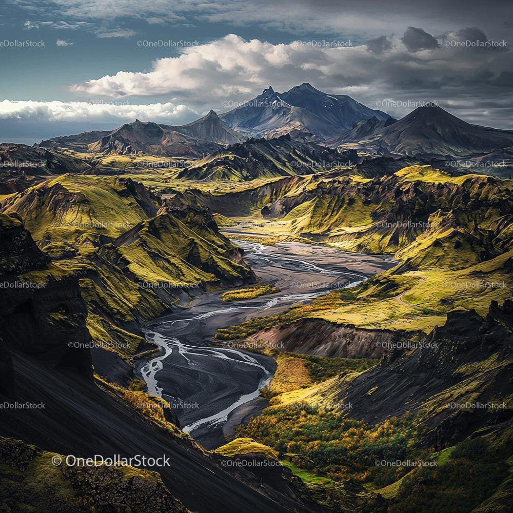 Dramatic Volcanic Landscape with Winding River in Scenic Valley