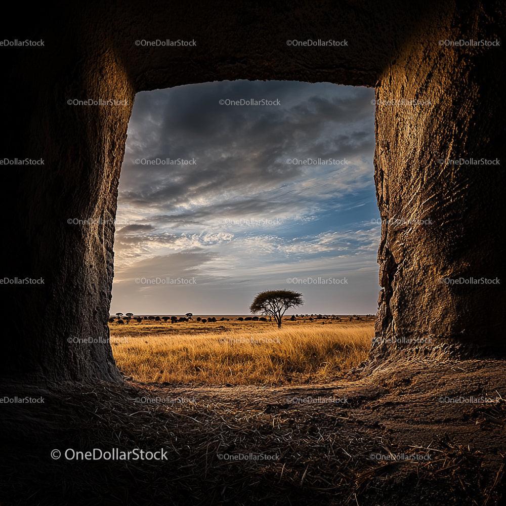 Acacia Tree at Sunset in African Savanna Landscape