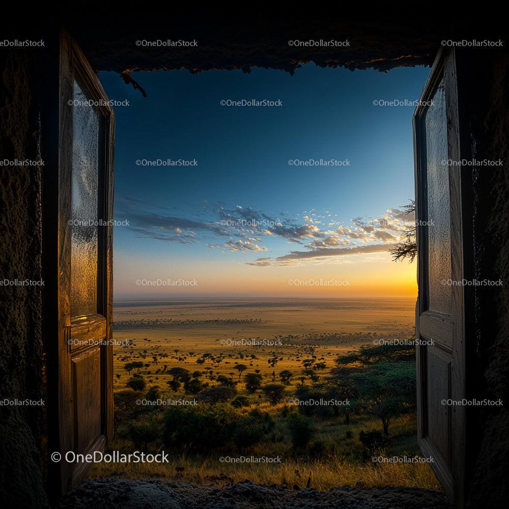 Open Doorway Revealing Golden Savanna Landscape at Sunset