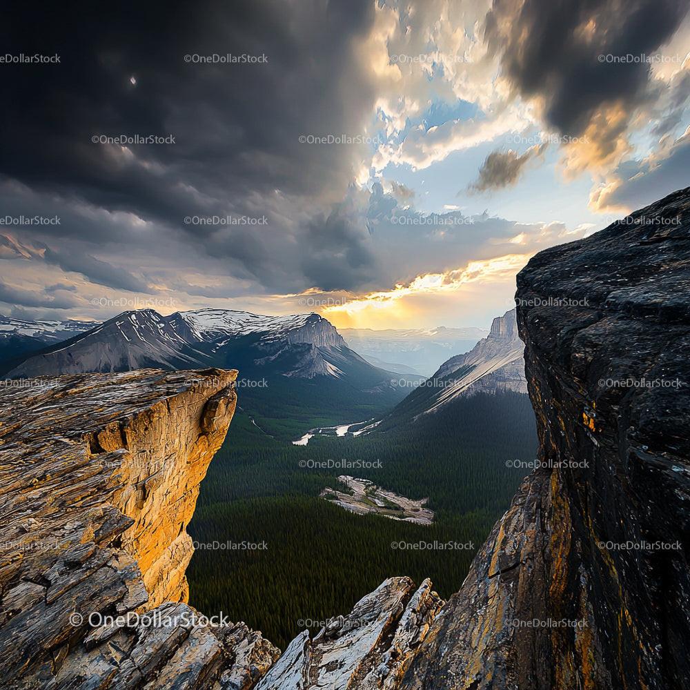 Sunset Over Majestic Mountain Landscape with Dramatic Clouds
