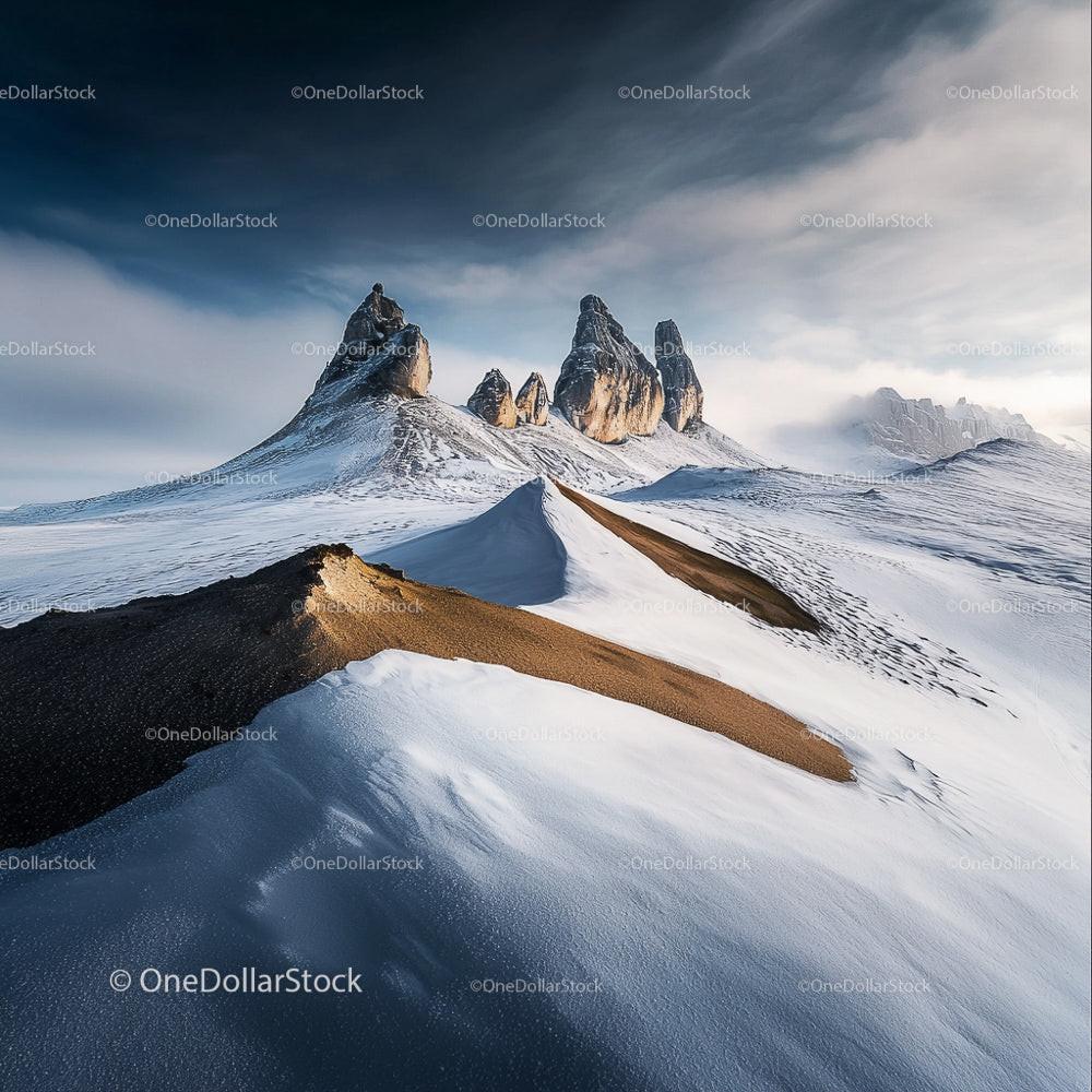 Majestic Snow-Covered Peaks under Dramatic Sky