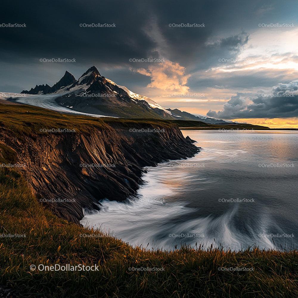 Dramatic Coastal Cliffs at Sunset with Majestic Mountain Peak