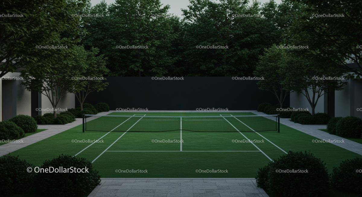 Lush Green Tennis Court Surrounded by Trees