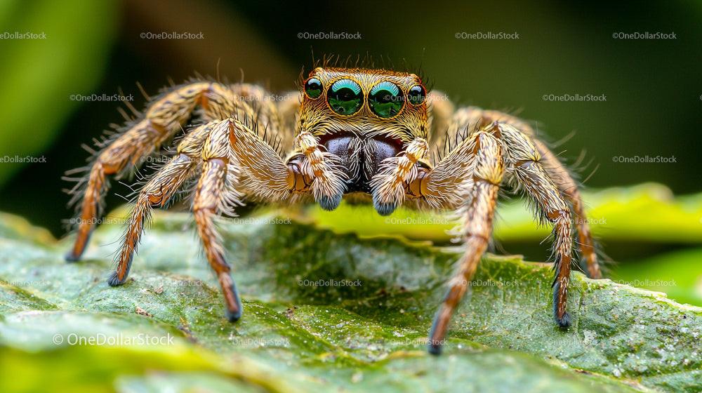 Macro Shot of Jumping Spider on Leaf