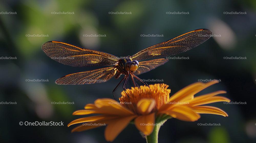 Dragonfly Resting on Vibrant Orange Flower in Garden