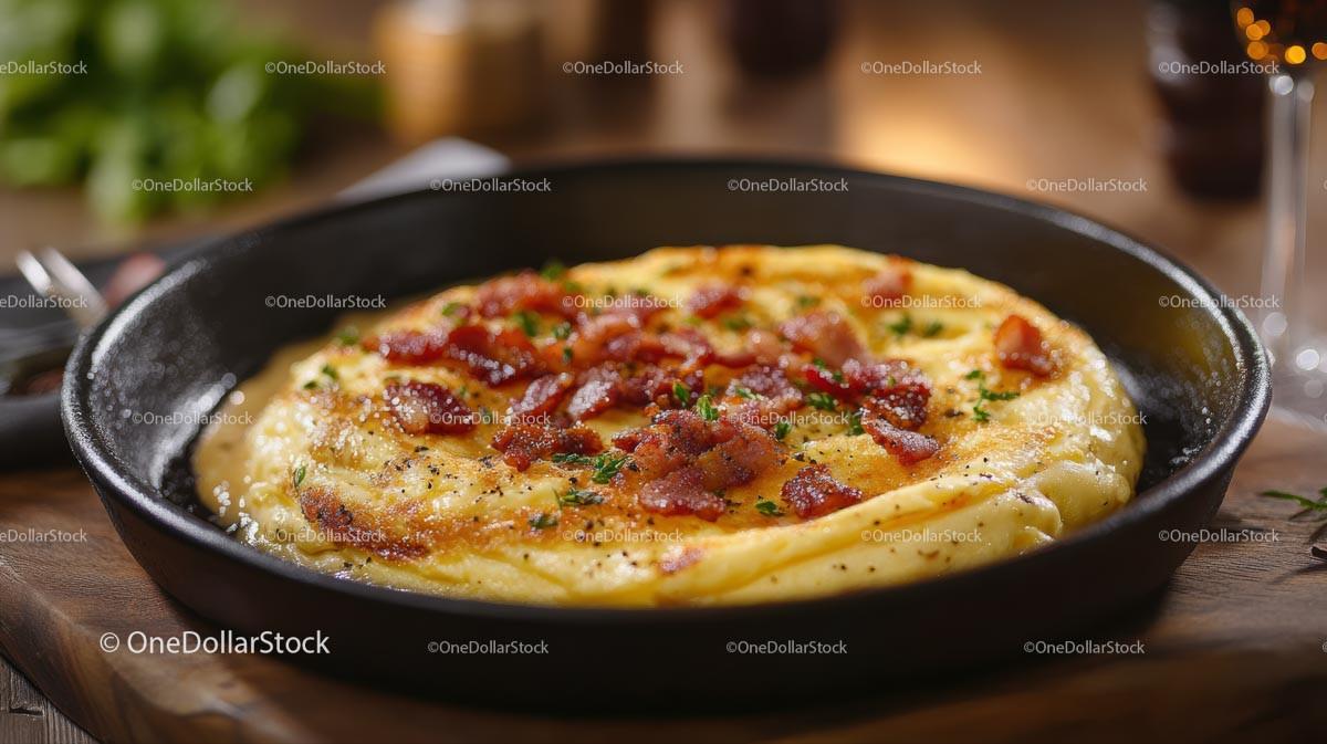 Fluffy Omelette with Crispy Bacon in Cast Iron Skillet