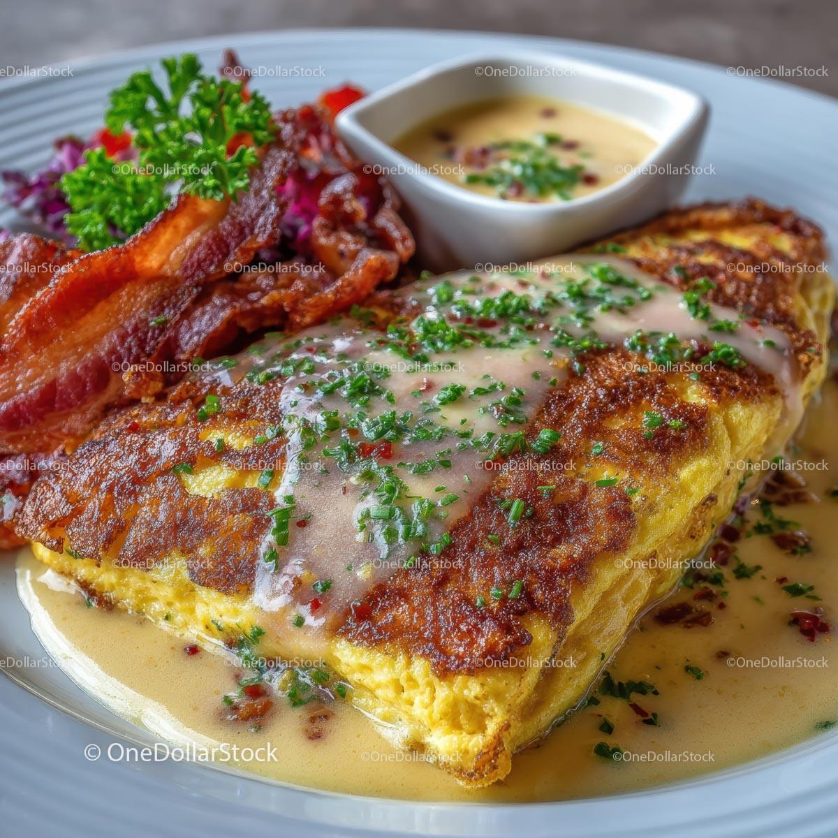 Gourmet Omelette with Crispy Bacon and Herb Sauce