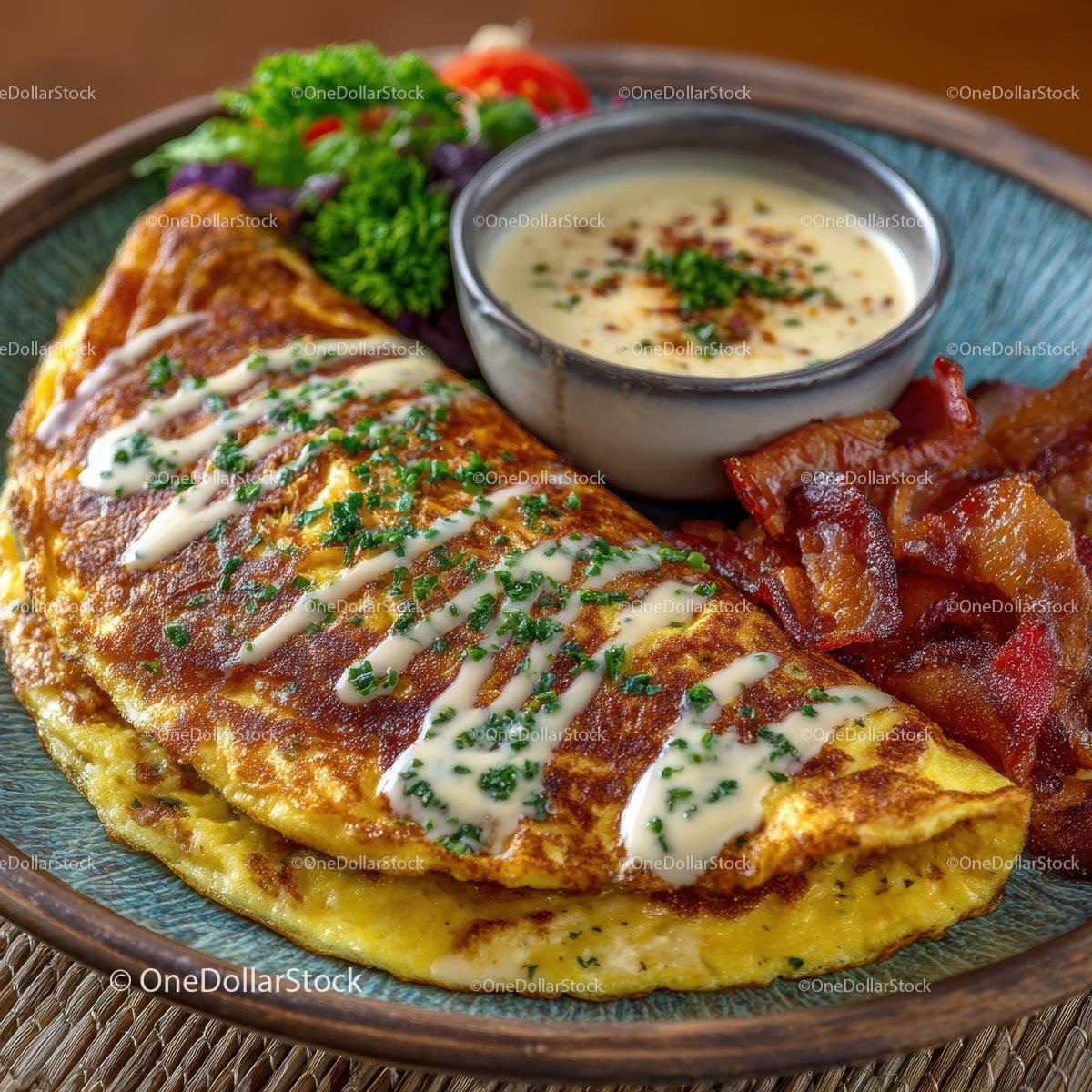 Savory Omelette with Bacon and Sauce on Rustic Plate