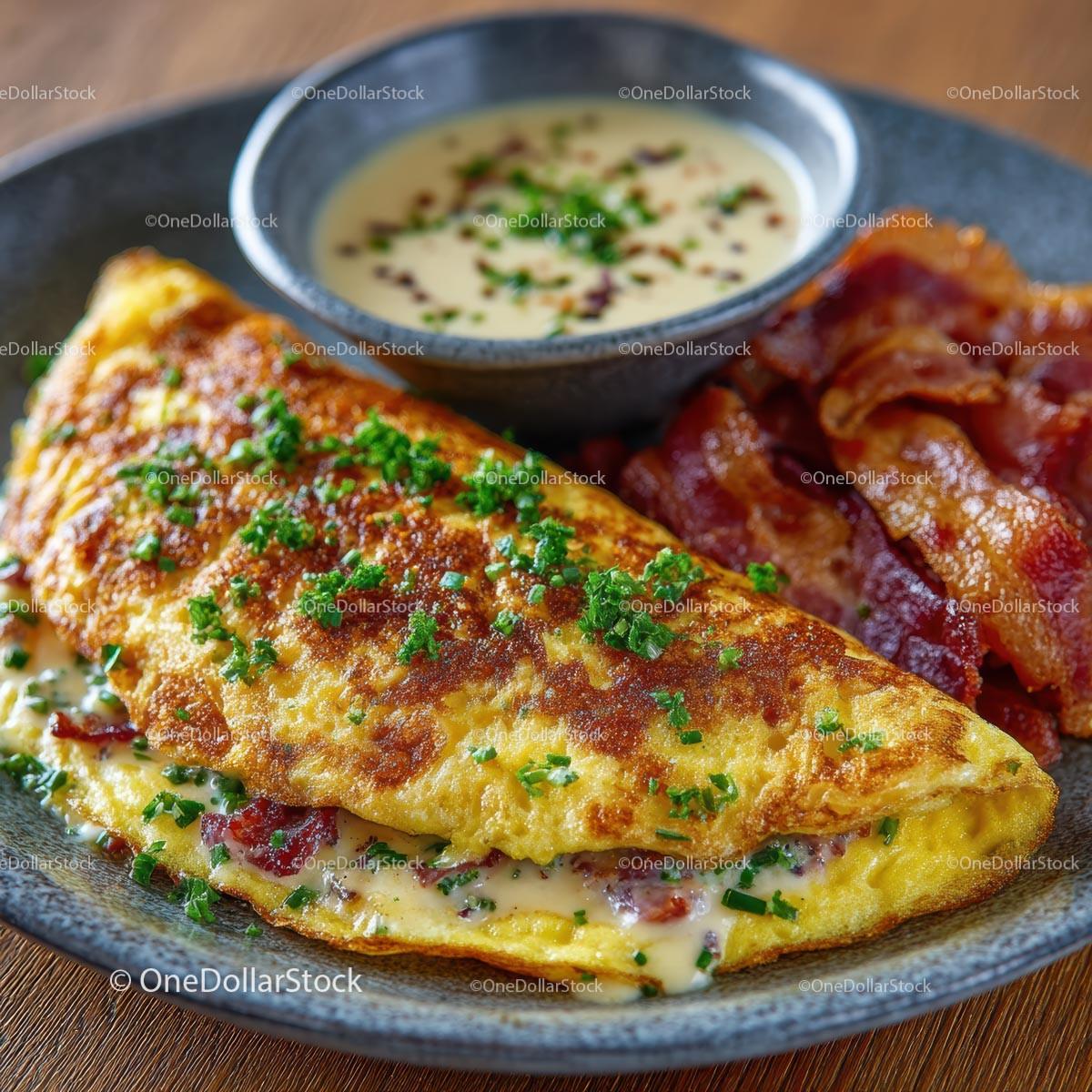 Delicious Omelette with Crispy Bacon and Creamy Sauce