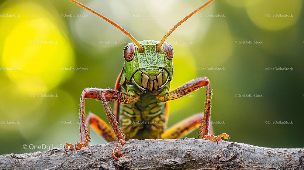 Vibrant Green Grasshopper on Forest Log