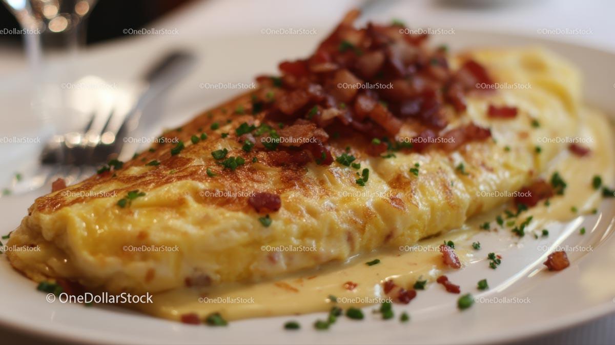 Gourmet Omelette with Crispy Bacon and Creamy Sauce