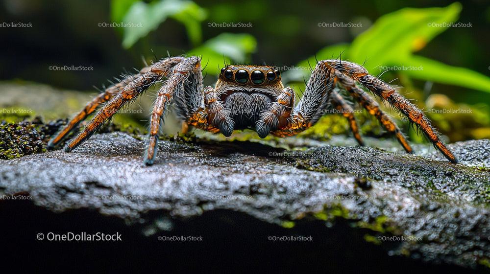 Jumping Spider on Mossy Rock in Vibrant Detail