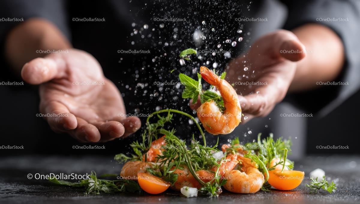 Dynamic Culinary Art with Fresh Shrimp and Herbs