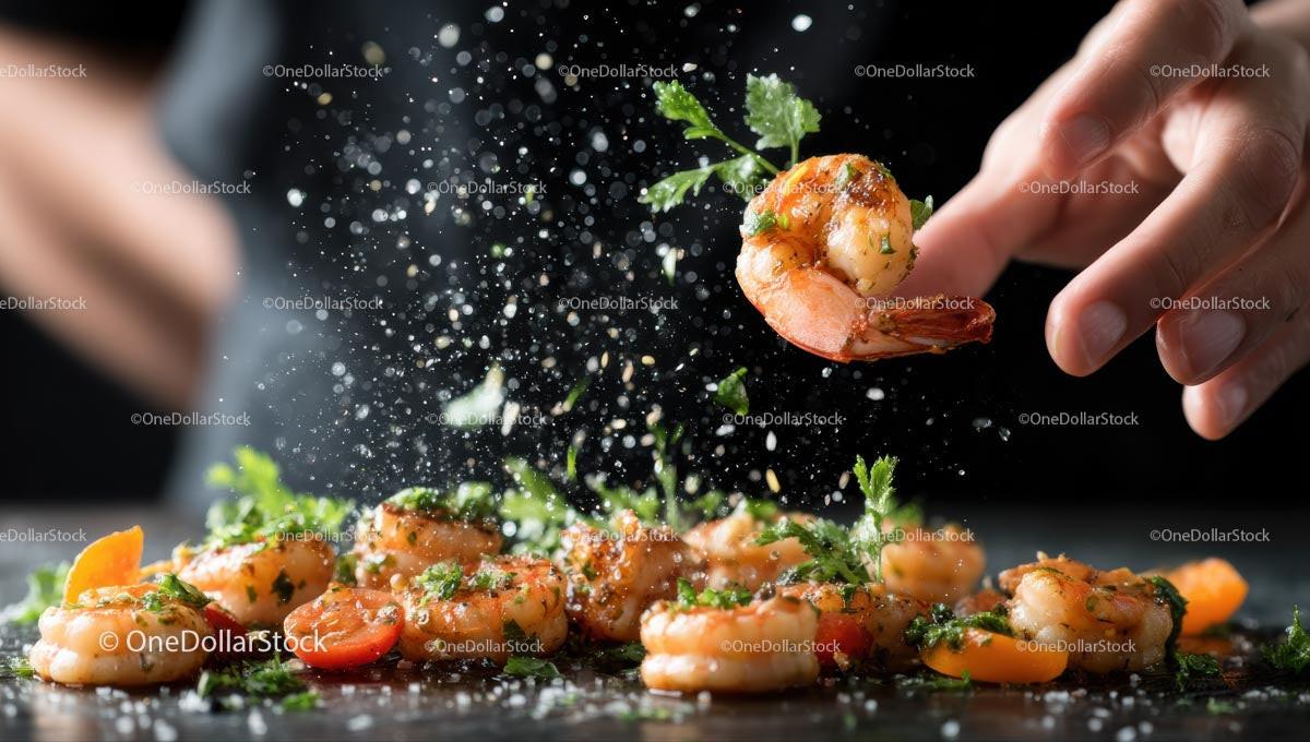 Grilled Shrimp with Herbs and Seasoning on Black Background