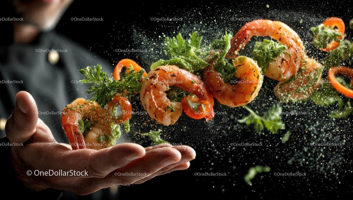 Dynamic Culinary Display of Shrimp with Fresh Herbs