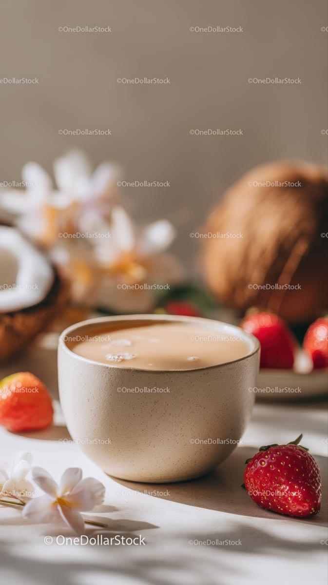Refreshing Tropical Drink with Strawberries and Plumeria