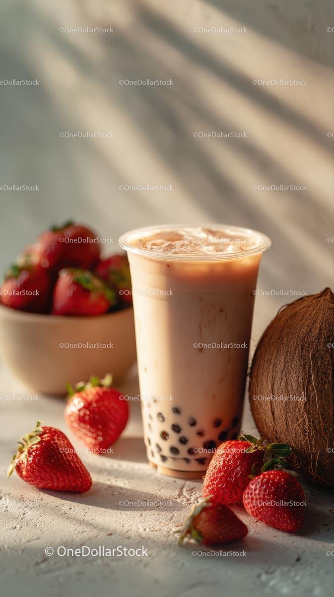 Refreshing Bubble Tea with Strawberries and Coconut