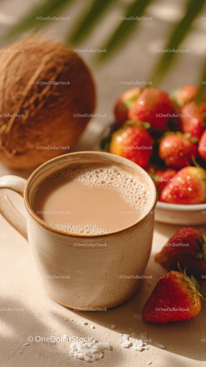 Cozy Coffee Moment with Fresh Strawberries and Coconut