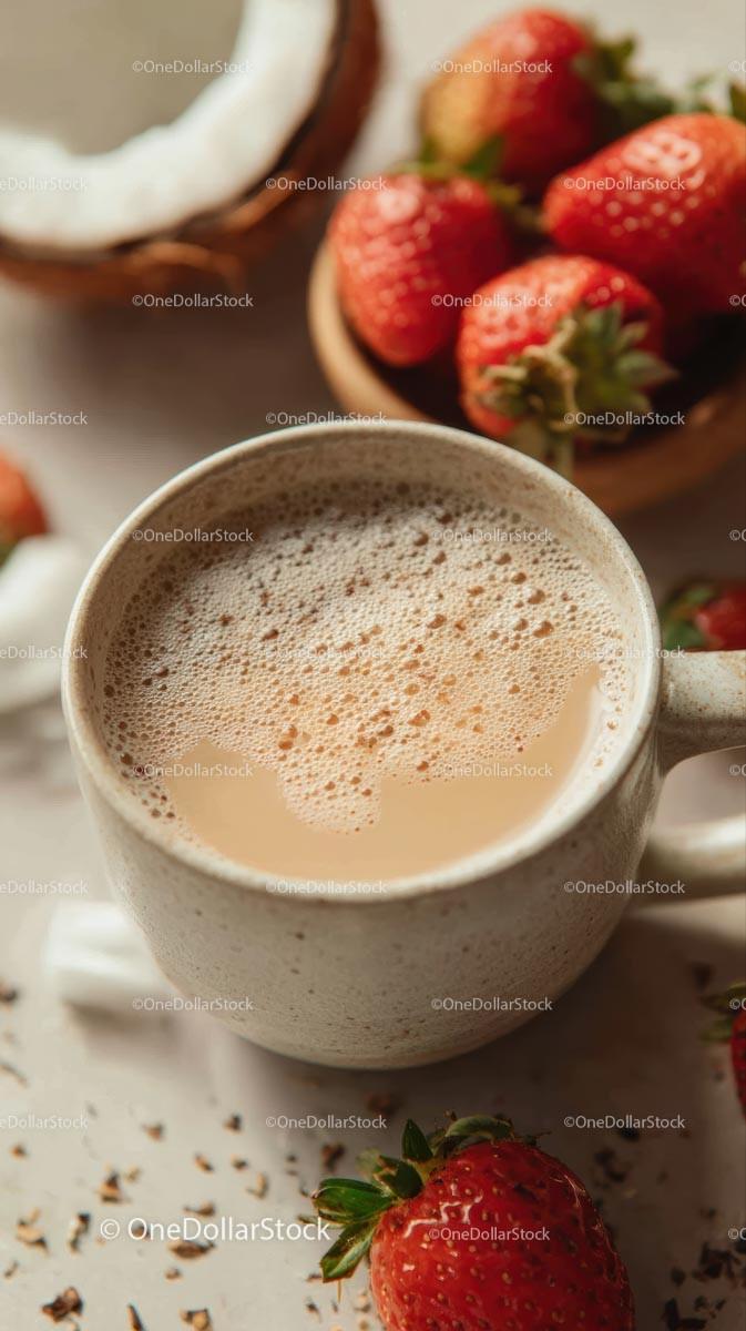Cup of Tea with Fresh Strawberries on Rustic Table