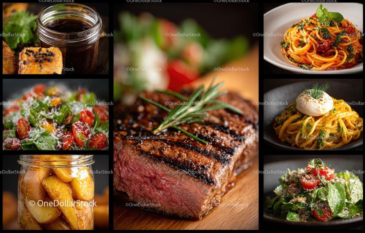 Gourmet Cuisine Featuring Grilled Steak and Pasta Medley