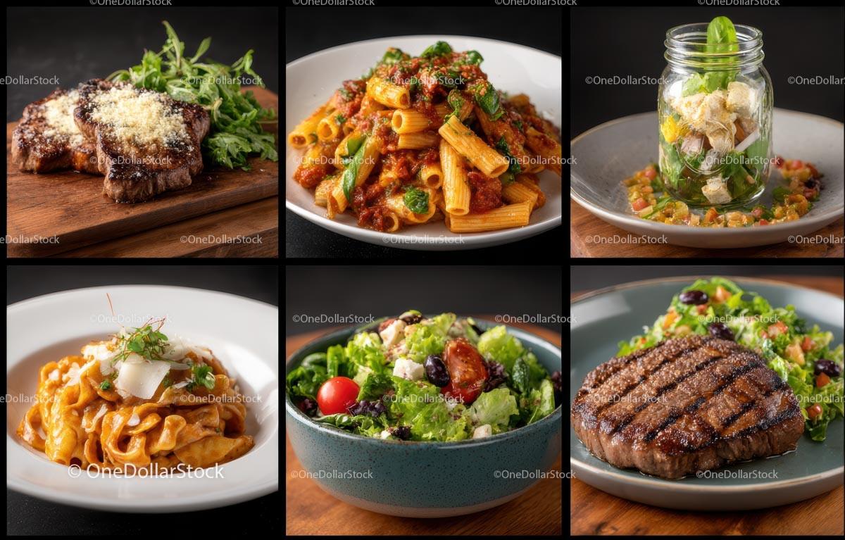 Gourmet Selection of Steak, Pasta, and Fresh Salad