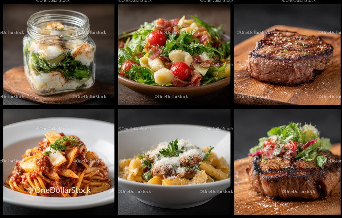 Gourmet Cuisine Selection with Steak and Pasta Delights