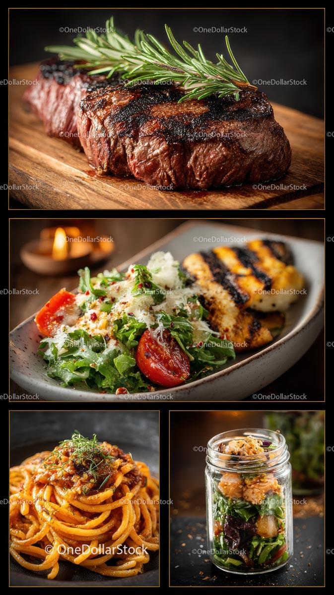 Assorted Gourmet Dishes with Grilled Steak and Fresh Salad