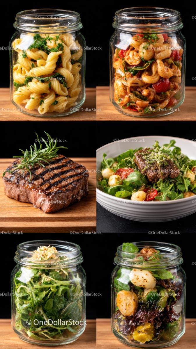 Assorted Gourmet Meals in Jars and Fresh Grilled Steak