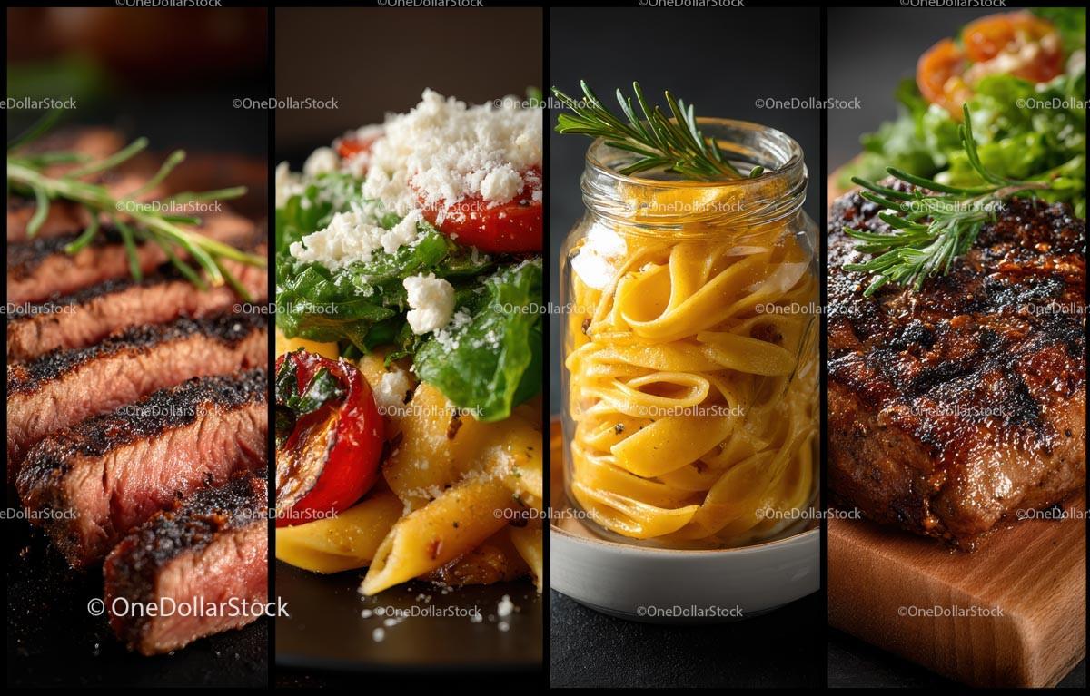 Gourmet Meal with Grilled Steak, Pasta, and Fresh Salad