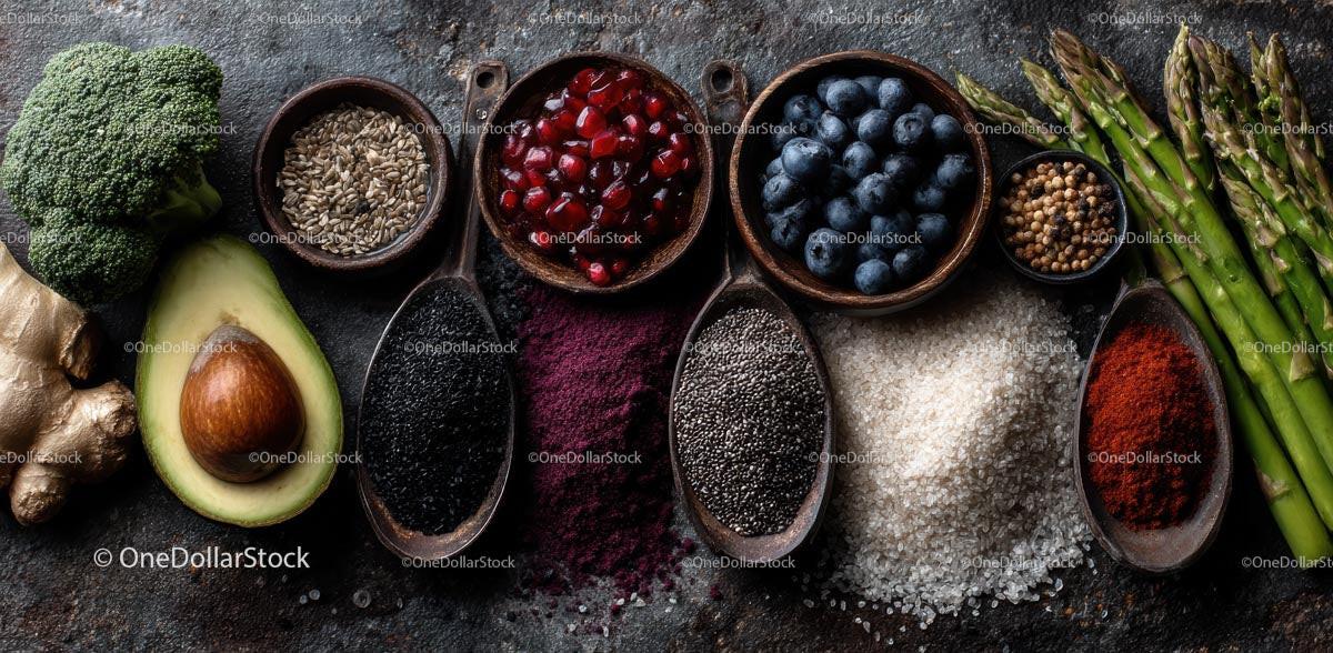 Assorted Superfoods and Spices with Fresh Vegetables
