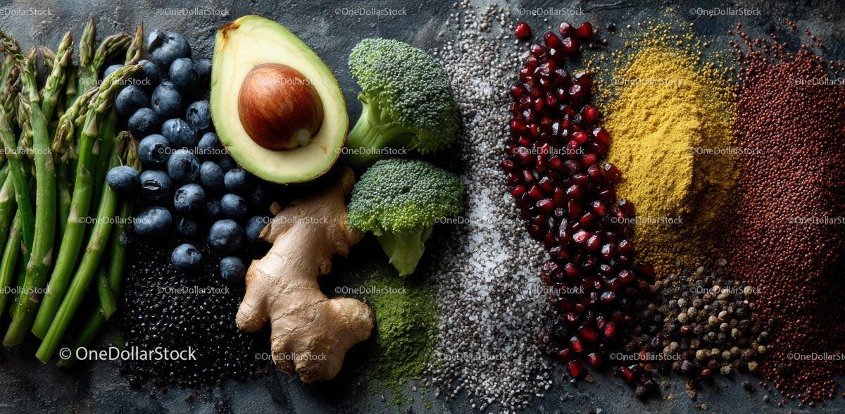 Fresh Ingredients with Avocado, Broccoli, and Spices