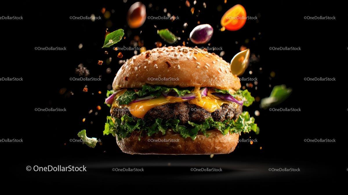 Gourmet Cheeseburger with Fresh Ingredients on Black Background