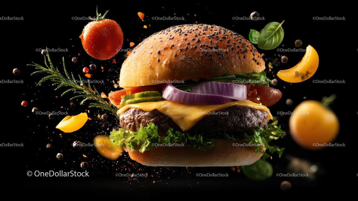 Gourmet Burger with Fresh Ingredients on Black Background