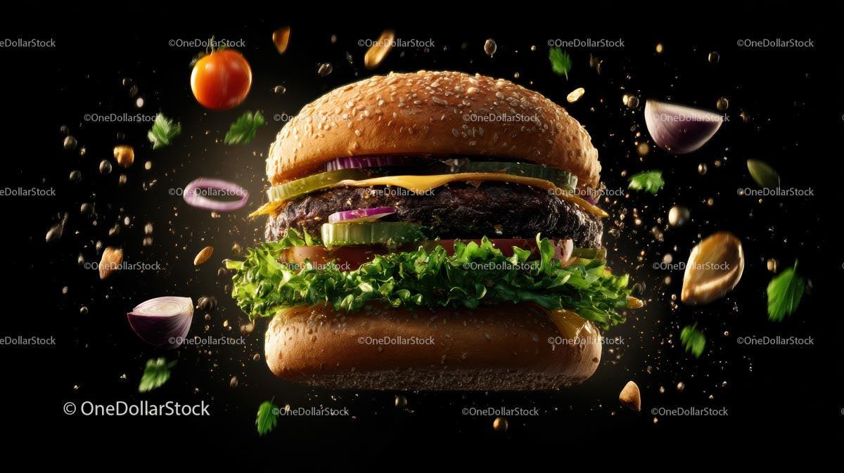 Gourmet Cheeseburger with Floating Fresh Ingredients