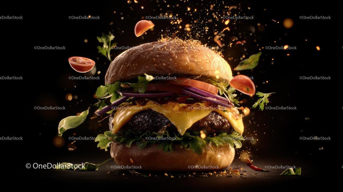 Gourmet Cheeseburger with Flying Ingredients