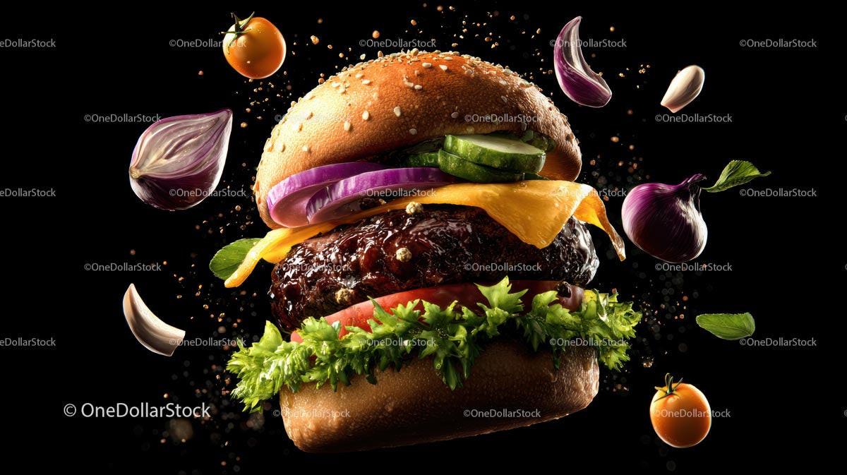 Gourmet Burger with Fresh Ingredients on Black Background