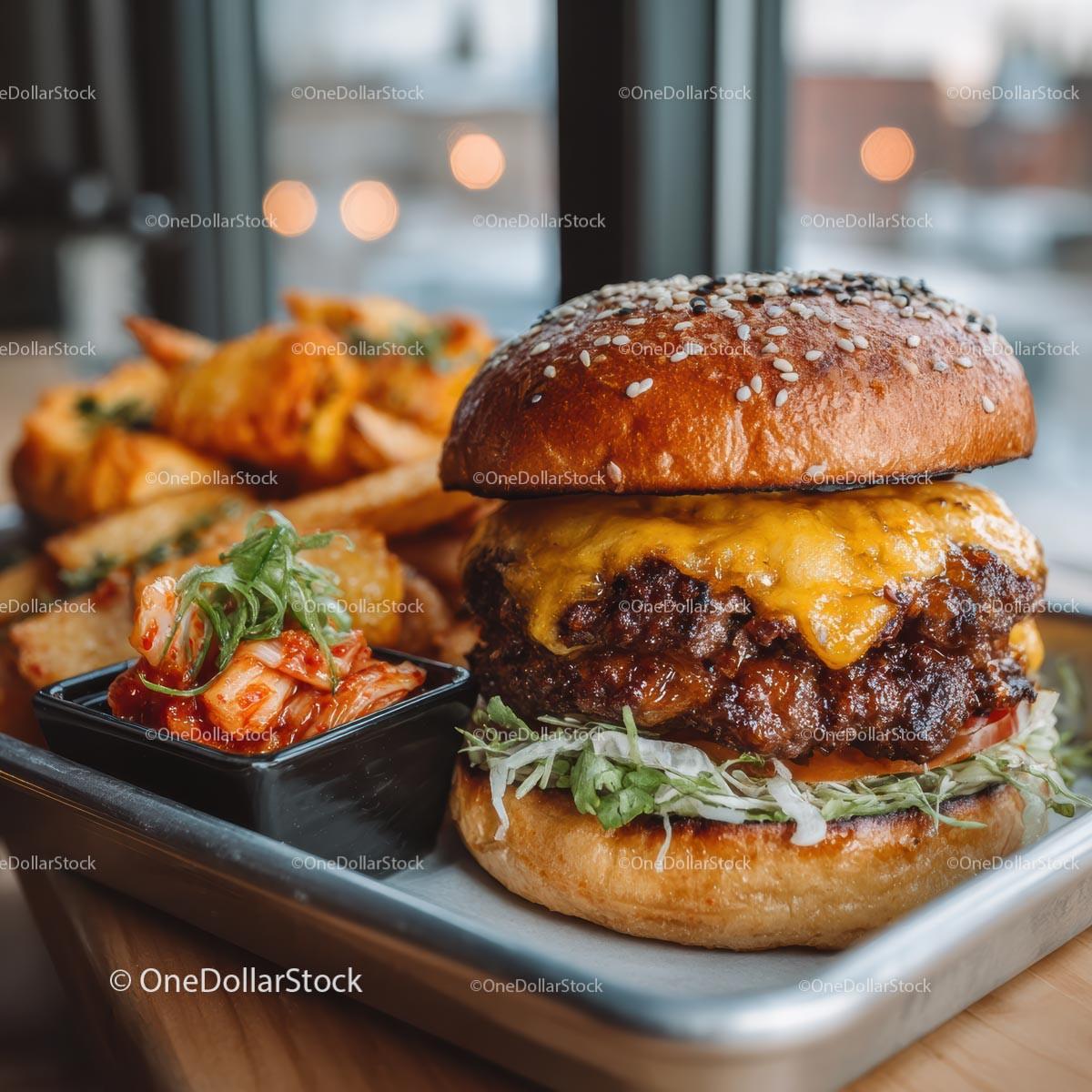 Gourmet Cheeseburger with Fries and Kimchi Side
