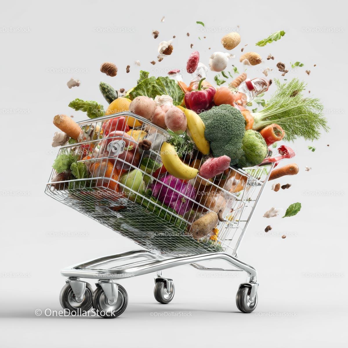 Overflowing Shopping Cart with Fresh Vegetables and Fruits