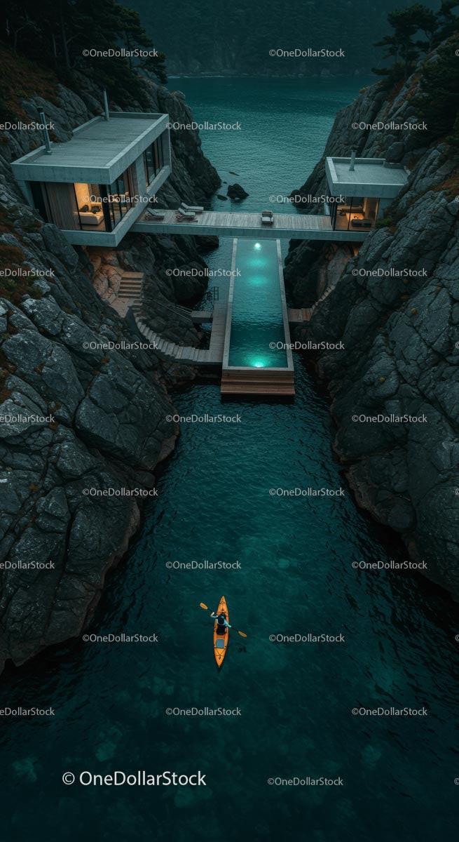 Luxury Cliffside Home with Kayakers on Turquoise Waters Stock Photo Bundle preview 32